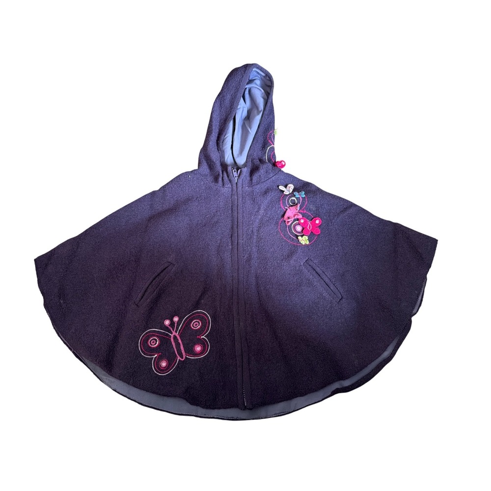 DPAM Purple‎ Wool Hooded Poncho Cape Butterfly Embroidery Girls Size 8/10 Years